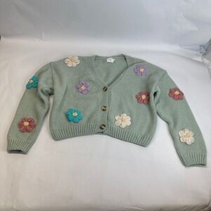 Luna Ivy Sage Green Chunky Knit Cardigan 3D‎ Crochet Floral Applique Medium